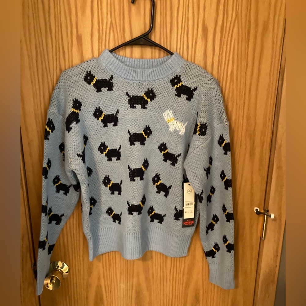 NWT Stranger Things No Boundaries Scottie Dog Erica Blue Knit Sweater S (4-6)
